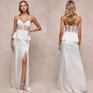 Lulus Iconic Adoration White Satin Peplum Sheer Bustier Maxi Dress Wedding